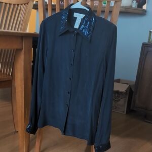 Jones New York Navy Blue Sequin Collar Blouse